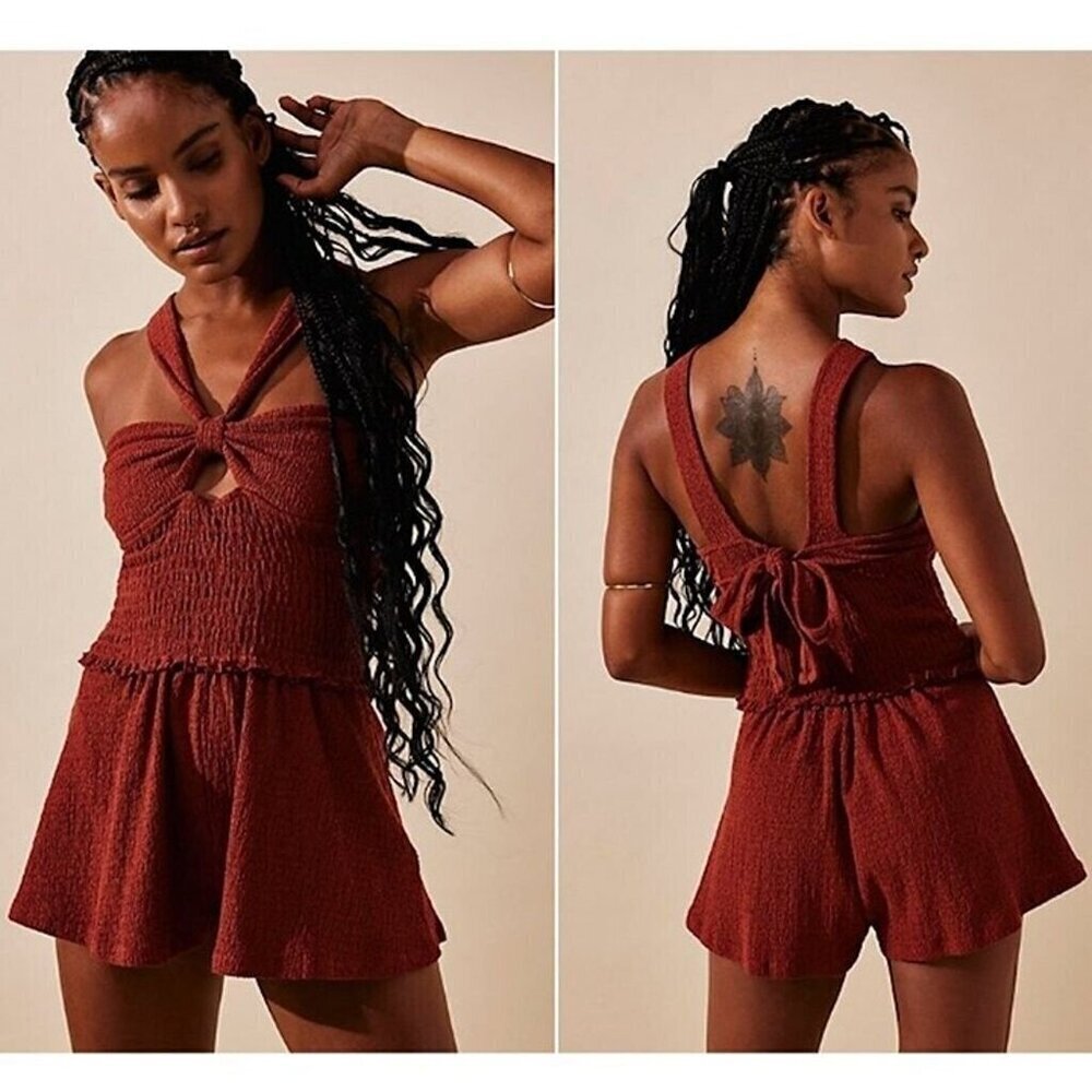 NEW FREE PEOPLE BEACH DOLCE BROWN SMOCKED HALTER ROMPER SZ LARGE